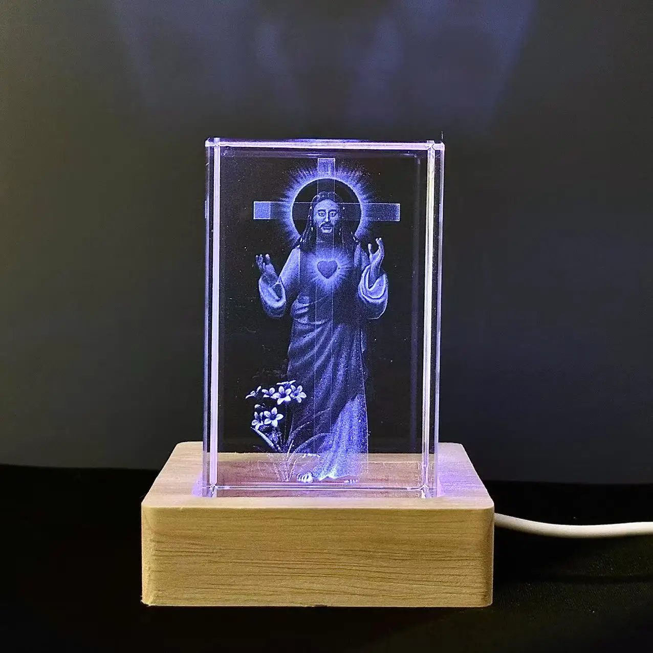 Jesus Cube Crystal LED Night Light Strip Base, Glass Decorative Gift, Suitable for Bedroom, Living Room, Birthday, Mother's Day, - view 2