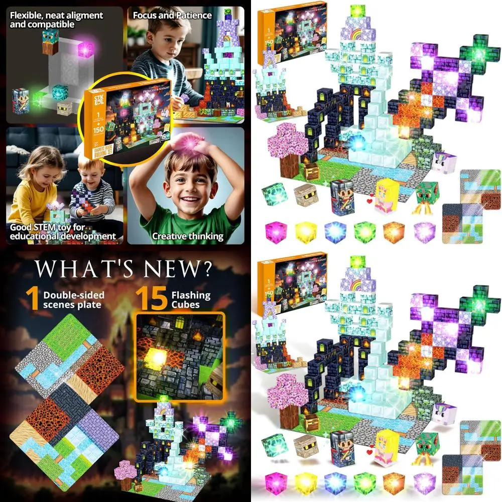 مكعبات بناء مغناطيسية مكونة من 150 قطعة مع أضواء، موضوع الأميرة والفارس، ألعاب جذعية للأطفال من سن 3 سنوات فما فوق