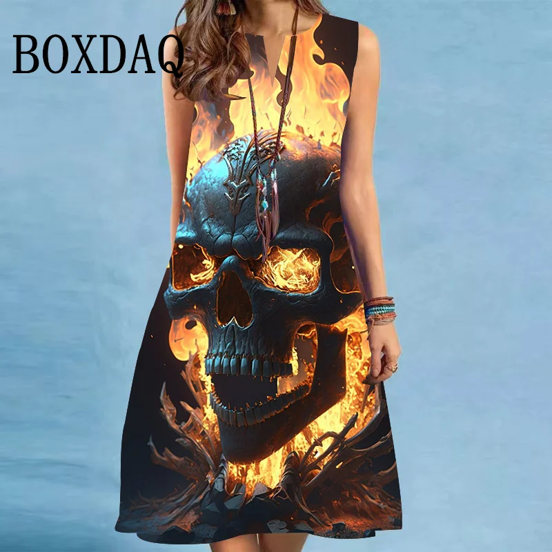 Fashion Tie Dye Gradient 3D Skull Dresses For Women 2025 New Summer Sleeveless Loose Midi Dress Casual V-Neck Party A-Line Dress