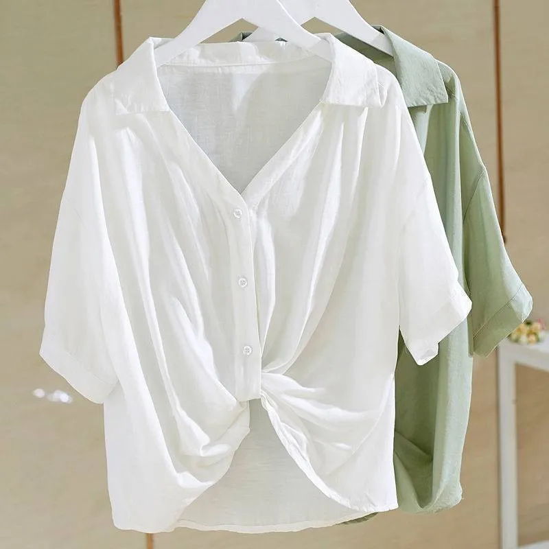 

White Collar ort Sve irt Women's Loose Fit Knot Design Summer New Korean Sle V-ne Slimming irt Fem Faion