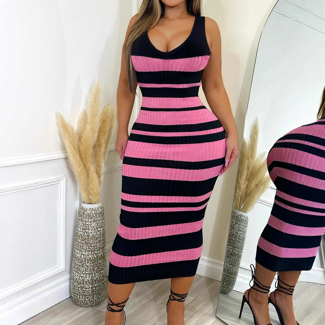 

Women Striped Dresses Slim Fit Spliced Long Dress Sleeveless O Neck Sexy Party Vestidos Lady Casual Elegant Sheath Summer 2026