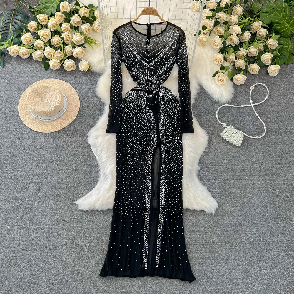 

Chic Bodycon O-neck Gauze Slit Rhinestone Dress Long Sleeve Women Elegant Korean Fashion Vestidos Summer Hip Wrap Dress