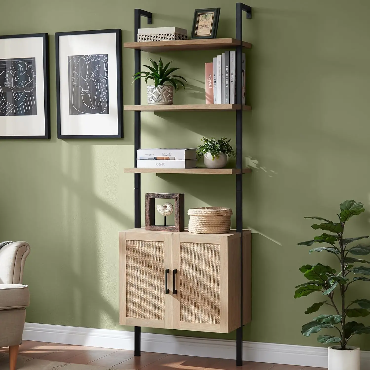 5 Tier Bookshelf with Rattan Cabinet, 73