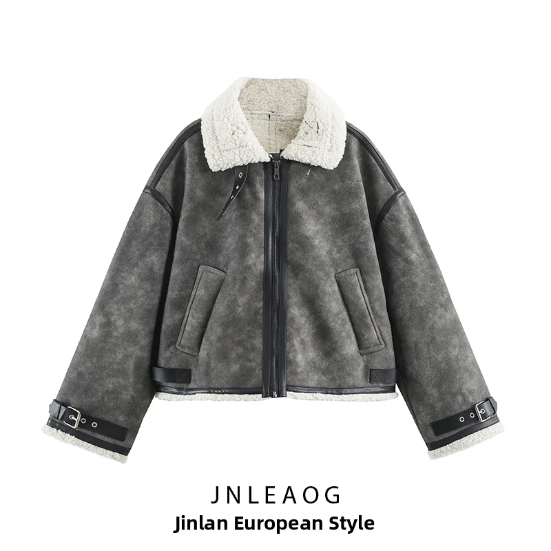 JNLEAOG Women's Double-Sided Collar Long Sleeve Jacket with Strap Decor Autumn New Style European Style Standard Fit Polyester