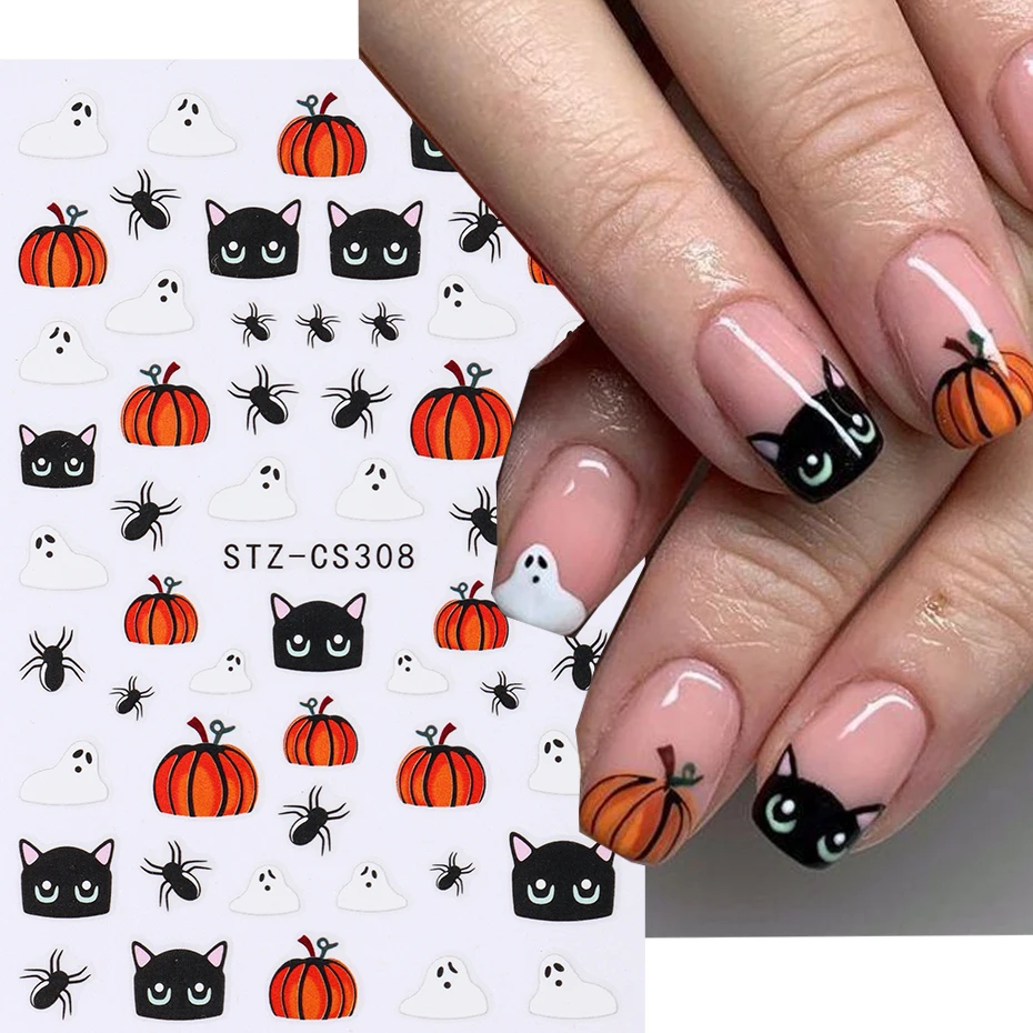 Black Cat Nail Stickers Halloween Kawaii Cartoon Pumpkin Ghost Bat Spider Nail Supplies Nail Decal Fall Flowers 2024 For Nails