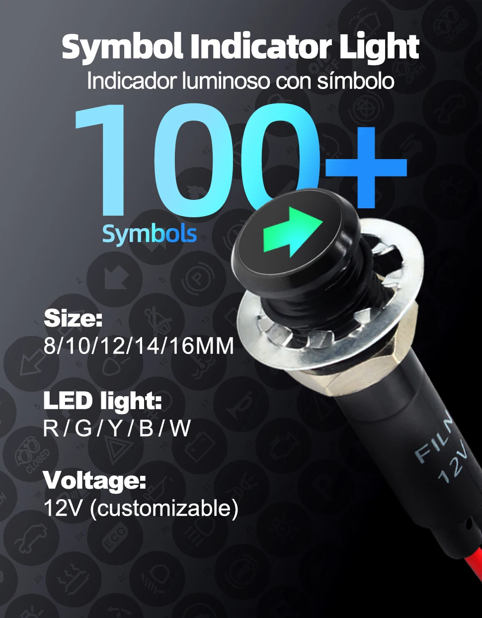 FILN 12V 24V Symbol Pilot Led Light Metal Indicator 8mm 10mm 12mm 14mm 16mm Car Dashboard Truck Dash Construction Marine