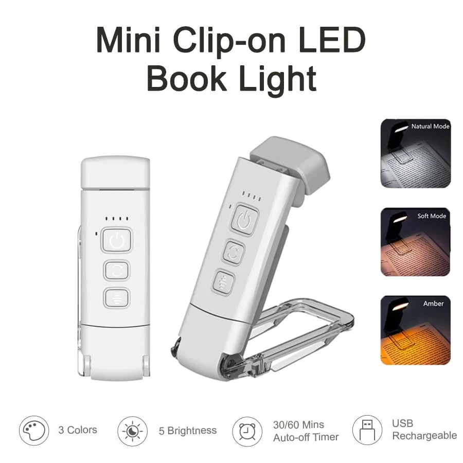 Lampu Buku LED Klip Portabel USB Isi Ulang 3 Warna 5 Tingkat Kecerahan Pelindung Mata Lampu Baca Lampu Buku Pembatas Waktu