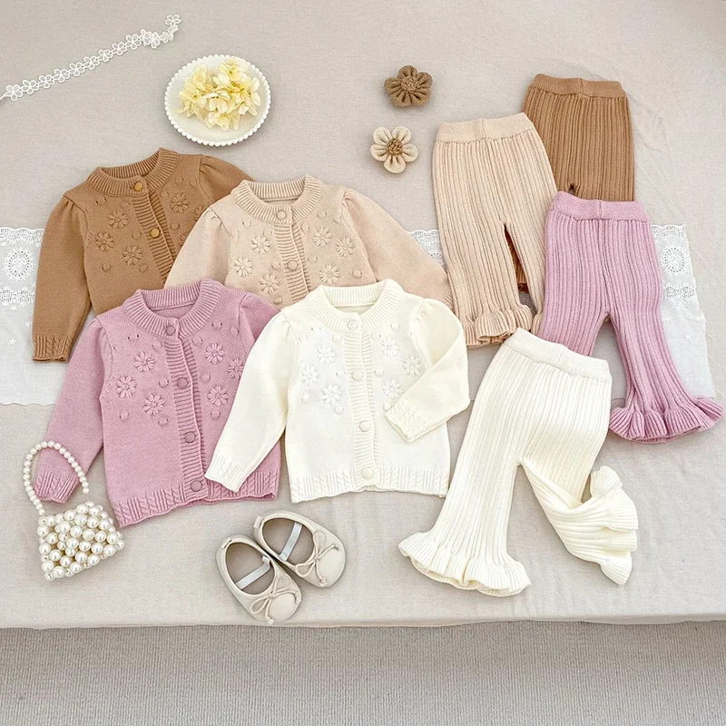 

2025 New Autumn 0-24M Infant Baby Girl Clothes Set Long Sleeved Solid Color Knitted Cardigan+Pants Children Clothes Suit