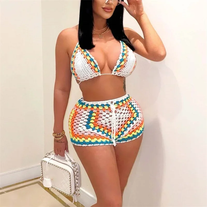 Women Sexy Lace-up Bikini Vacation Beach 2 Piece Sets 2024 Summer Color Contrast Woven Female Suits Hollow Out Drawstring Shorts