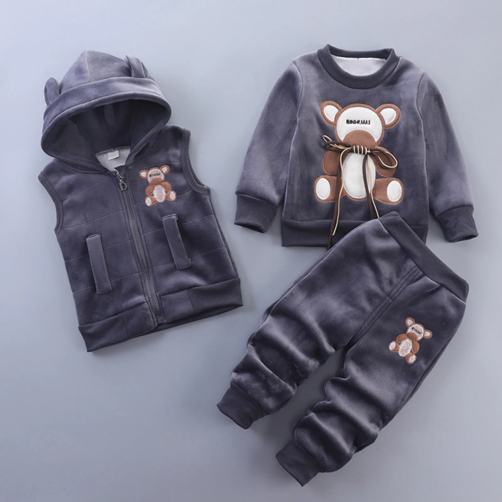 Baby Boys Girls Warm Set Winter Cartoon cat Kids Thickening Hooded Vest+Sweater+Pant Three-piece Sport Suits Children Clothing