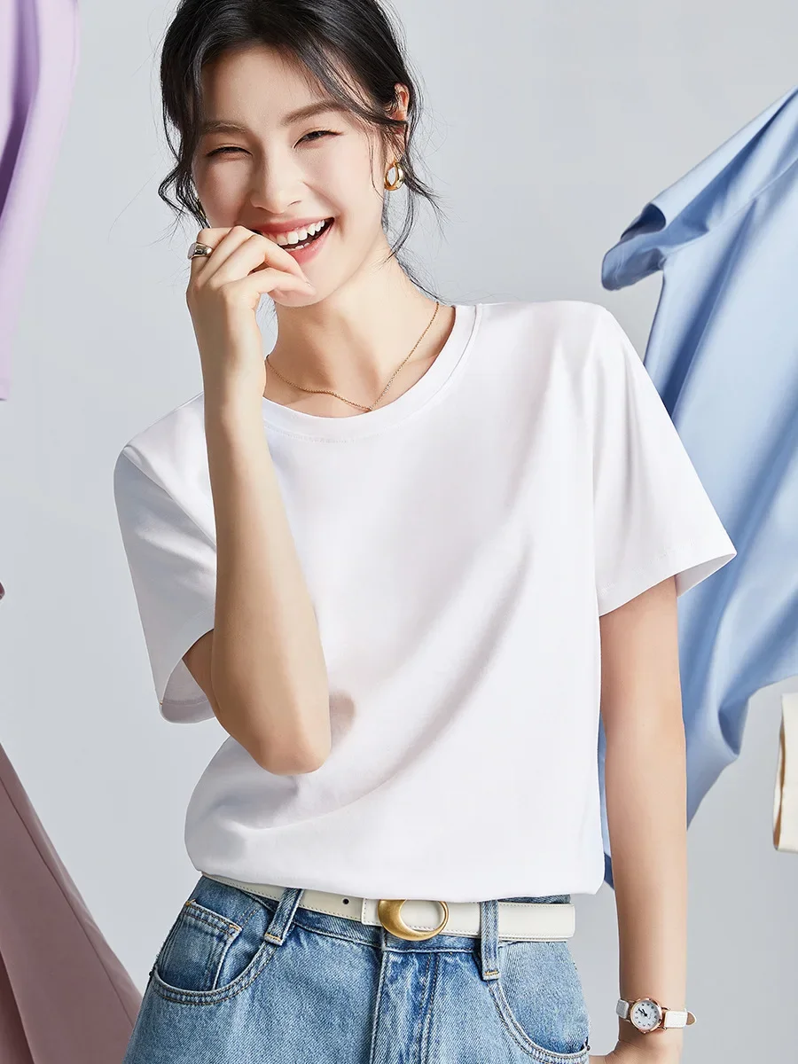 High Quality Mercerized Cotton Short Sleeved T-shirt for Women's Summer Loose Round Neck Liquid Ammonia Cooling Clothes WJ129
