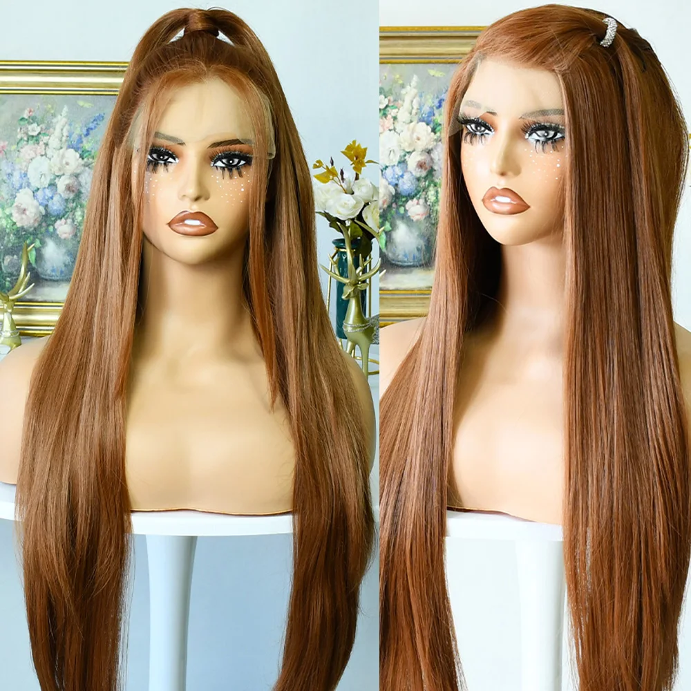 ライトブラウンウィッグ 13x4 レースフロント 生え際加工済み 30インチ ロング ストレート グルーレス チョコレートブラウン レースフロントウィッグ 合成繊維 女性用