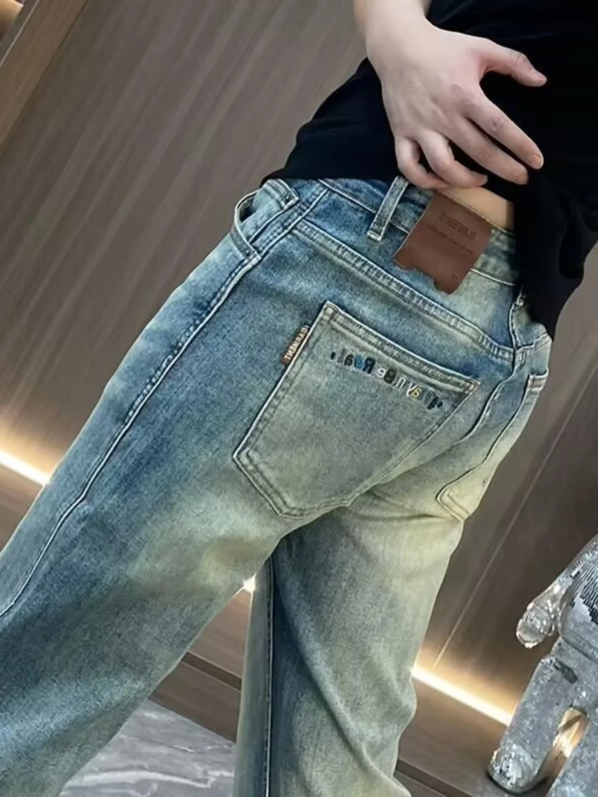 Nieuwe lente herfst high-end heren casual bla waed denim jeans faionable veelzijdige wijde pijpen rechte lange broek