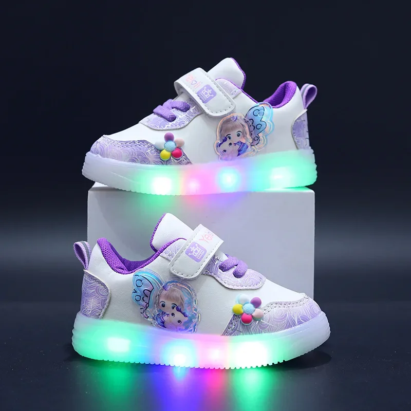 Spring New Children's Sports Shoes Leather Cartoon LED Illuminated Children's Sneakers Girls' Casual Shoes 1-6 Years Old