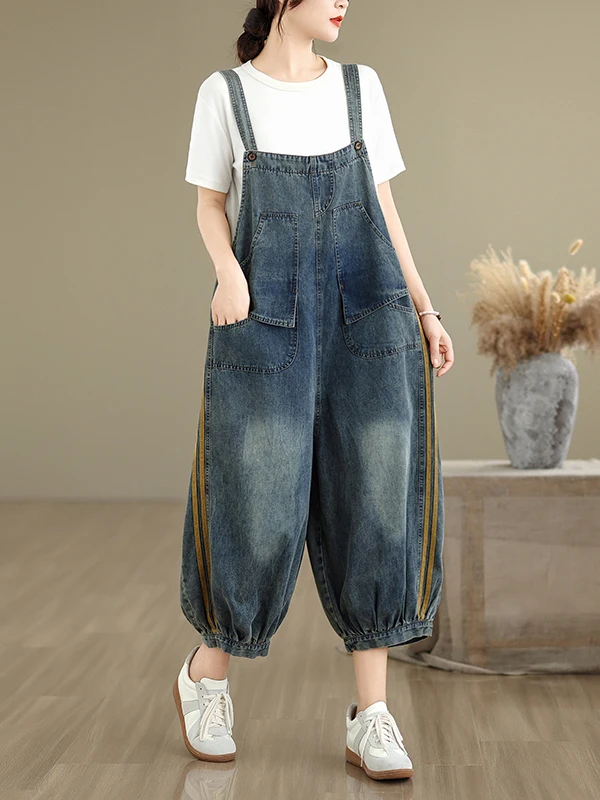 Summer New Fashion Color Block Striped Denim Overalls Loose plus Size Cuffed Seven Points Women's Trendy High Waist Wide Leg ...
