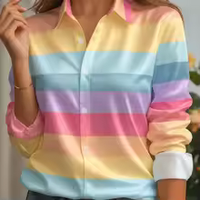 Satin Blouse Pastel Striped Lapel Collar Long Sleeve - DSEQ462729