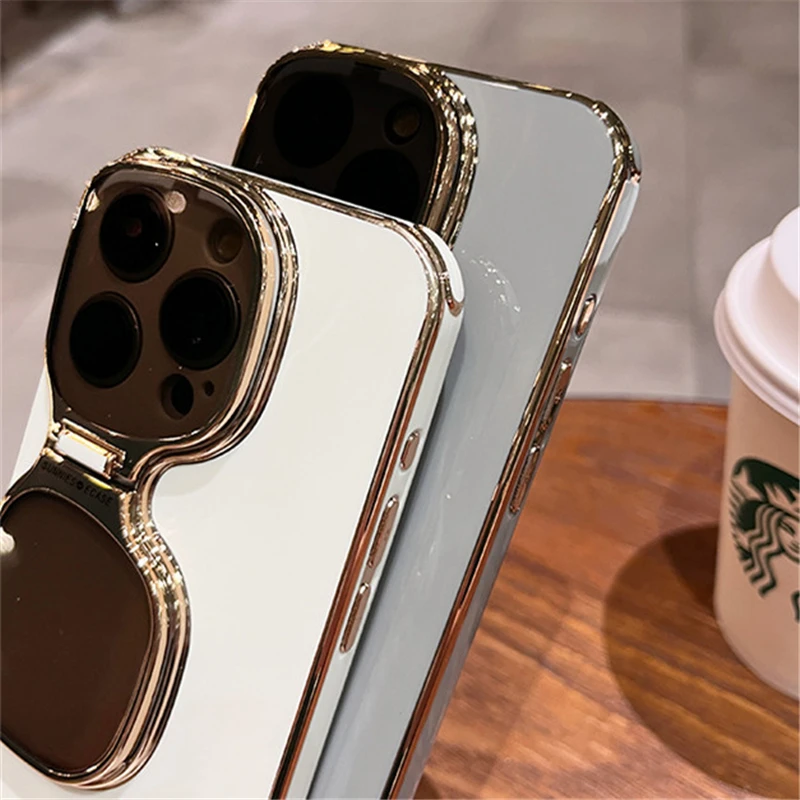 Plating Sunglasses Bracket Stand Case For iPhone 15 Pro Max 14 13 12 Silicone Shockproof Folding Camera Protection Holder Cover