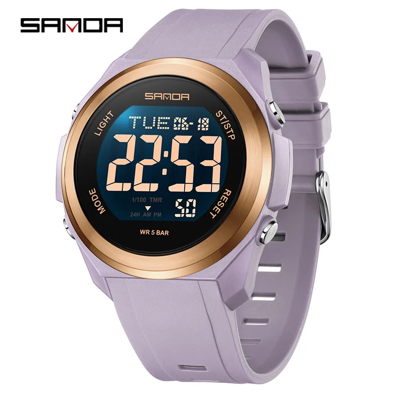 SANDA Cool ผู้ชายและผู้หญิงนาฬิกาอิเล็กทรอนิกส์ที่มีสีสัน Night Light กันน้ํานับถอยหลัง/นาฬิกาจับเวลา/นาฬิกาปลุกนาฬิกานักเรียน