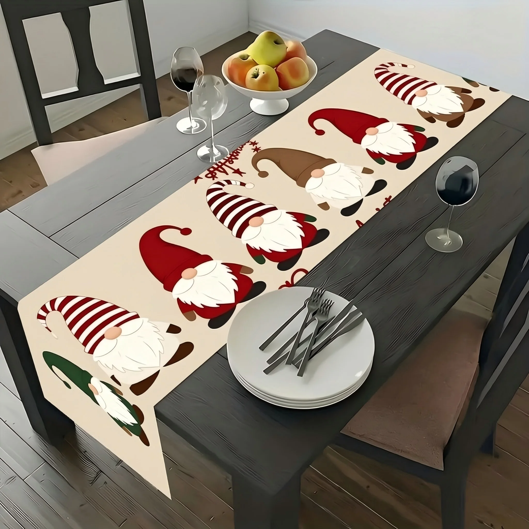 Christmas Gnome Table Runner, Red Striped Dwarf Elf 2D Flat, Xmas Table Decoration for Kitchen Dining Holiday Parties