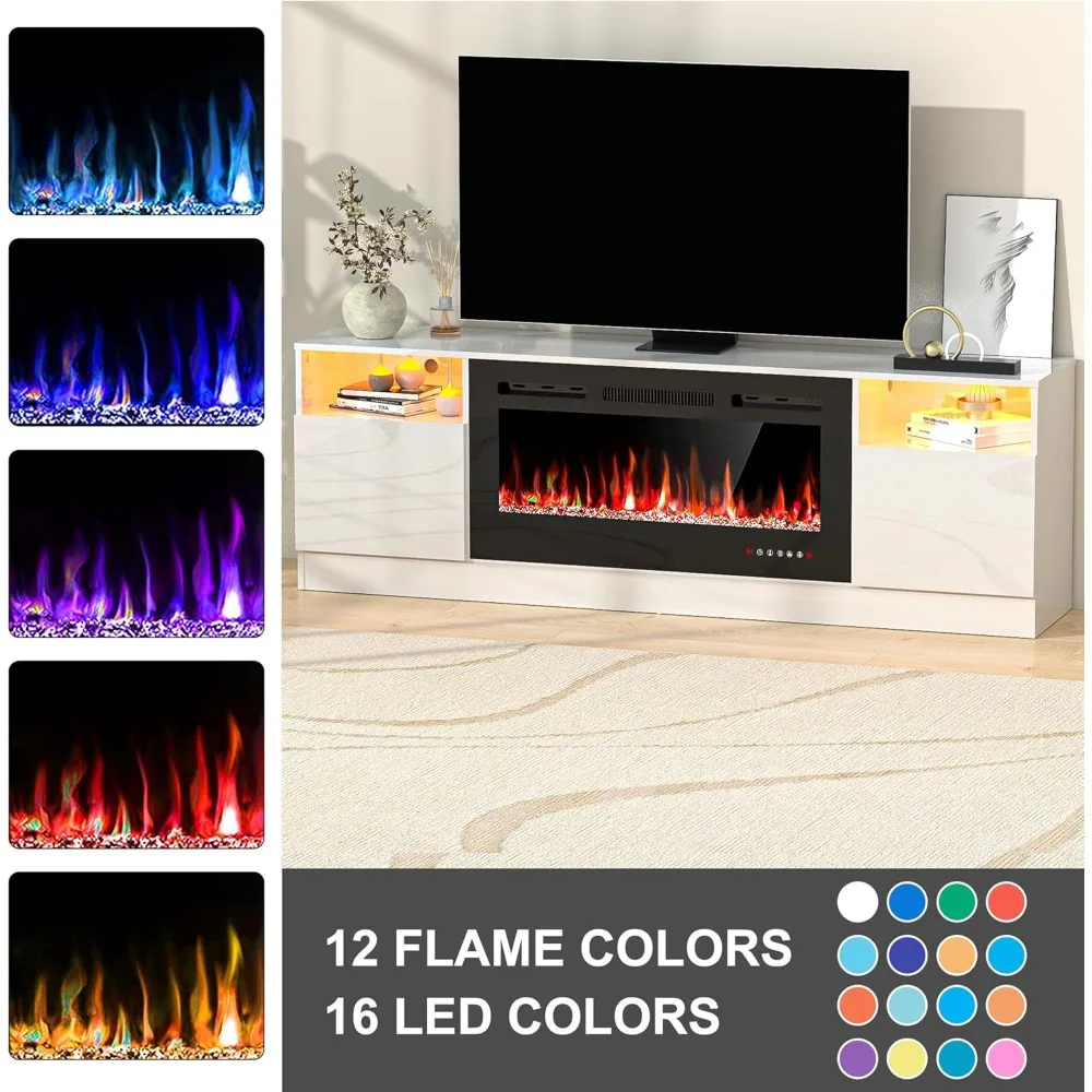 حامل مدفأة تلفزيون مقاس 80 بوصة مع ضوء LED وخزائن تخزين من شركة Media TV Co