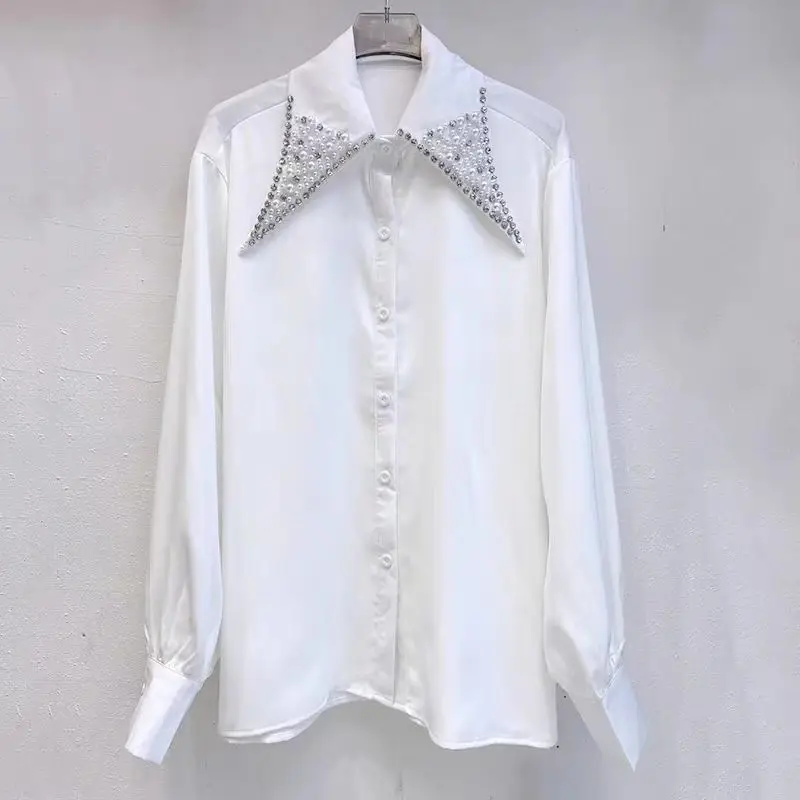 New In 2024 Autumn Office Lady Diamonds Stitch Chiffon Shirts Blouses For Women Long Sleeve Buttons Up Top Woman Clothes