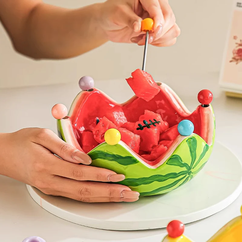 

Cute and Creative Cartoon Watermelon Shape with Fruit Fork, Fruit Salad Bowl Creative Hand Drawn Watermelon Dessert Bowl