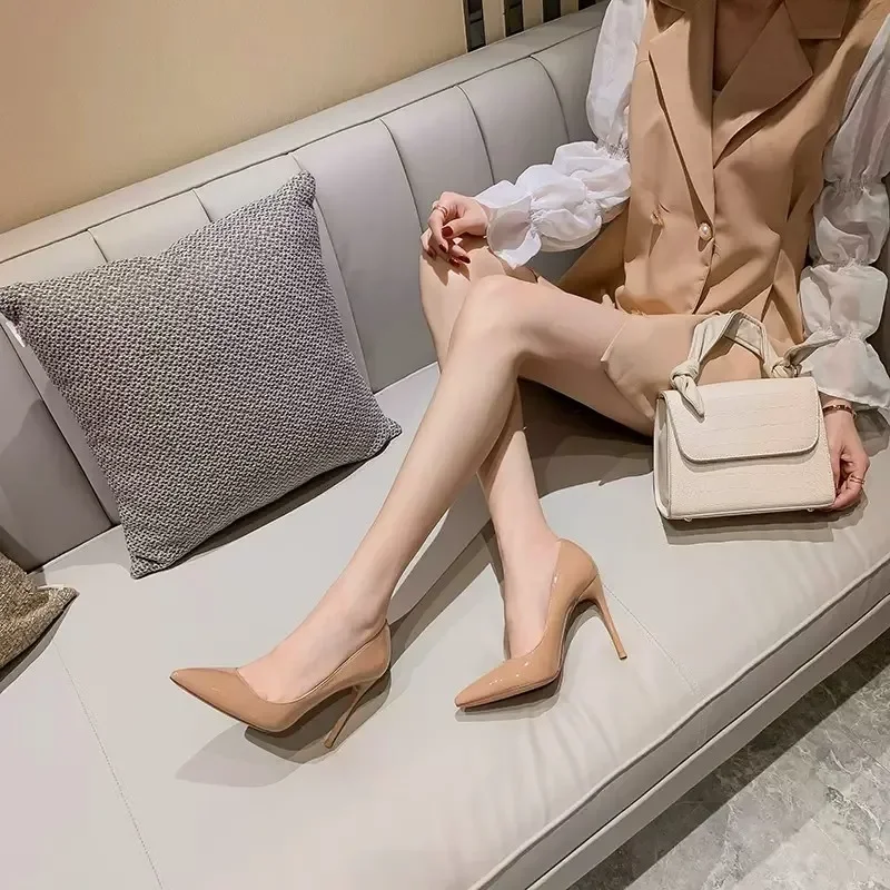 Naked High Heels for Women in Summer 2025 New Style with Simple Temperament Patent Leather Single Shoes Slim Heels