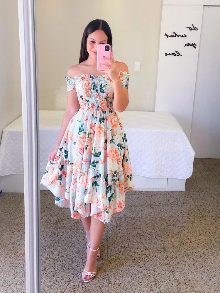 Sukienki Letnie Damskie Seksowna Sukienka z Odkrytymi Ramionami Kwiatowy Nadruk Elegancka Sukienka z Krótkim Rękawem Elastyczna Nieregularna Sukienka Casualowa Vestido De Mujer