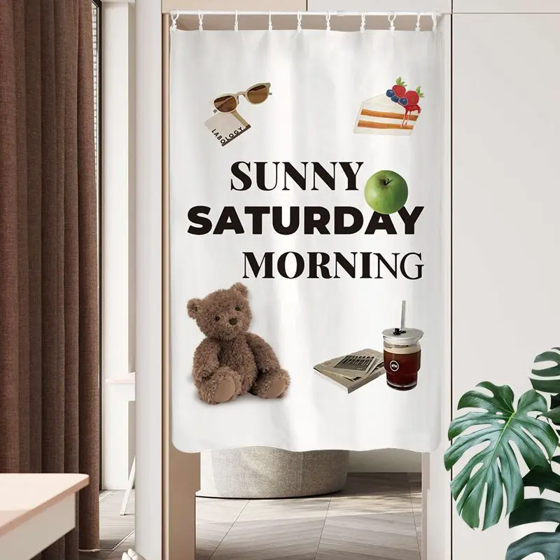 VIKAMA Sunny Saturday Morning Collage Door Curtain White Background Teddy Bear Sunglasses Cake Apple Coffee Book Retro Art Linen