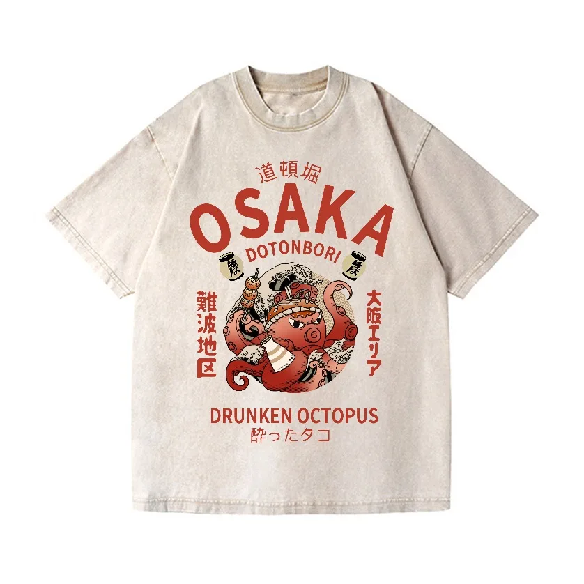 Fashion Cotton Men's Tees Harajuku Holiday Summer Short Sleeve Round Neck Drunken Octopus Vintage Wash Japanese Design T-Shirt