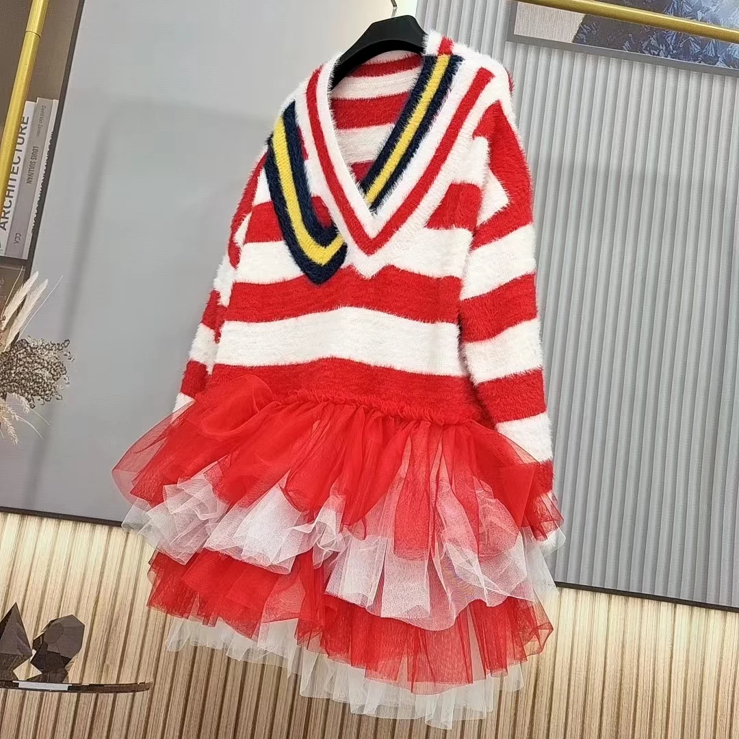 Chic V-Neck Mesh Spliced Ruffles Red White Striped Pullovers Loose Stylish O-Neck Gauze Pleated Sweater Knitwear Jumpers Tops