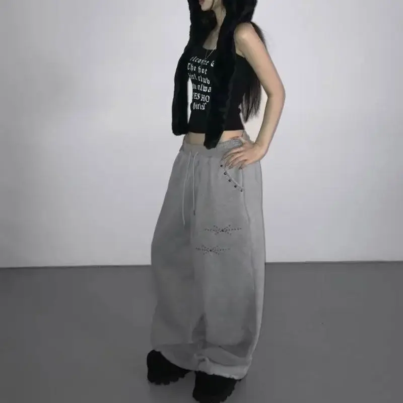 Deeptown Gray Rhinestones Women Sweatpants Black Vintage Wide Leg American Style Hip Hop Trousers Oversized Jogging Casual Thick