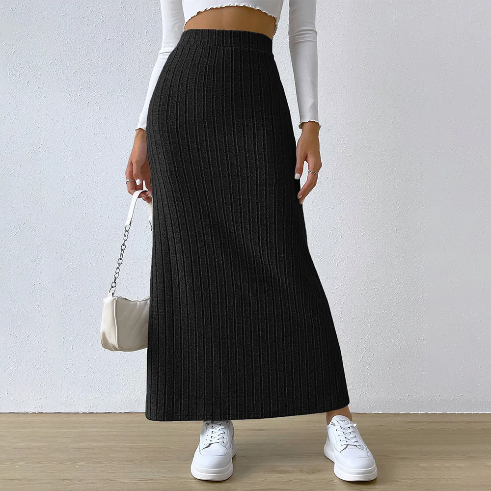 

Women's Fashion Simple Style Half Skirt Winter Pit Stripe A-line High Waist Slit Long Skirt