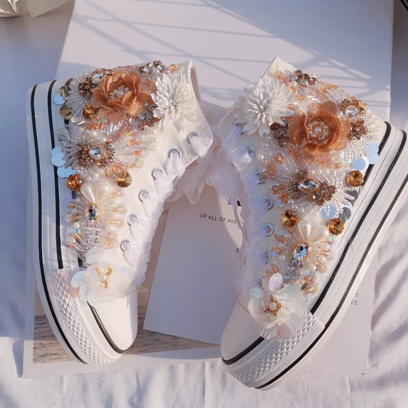 Handcrafted beaded ribbon flower rhinestones party banquet wedding canvas shoes platform high top casual women\'s shoes 35-40