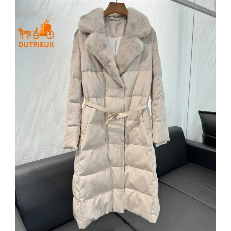 New Winter Down Jacket for Women, Long Large Lapel Mink Collar Splicing Cashmere 90 White Goose Down Jacket Belt Coat Keep Warm