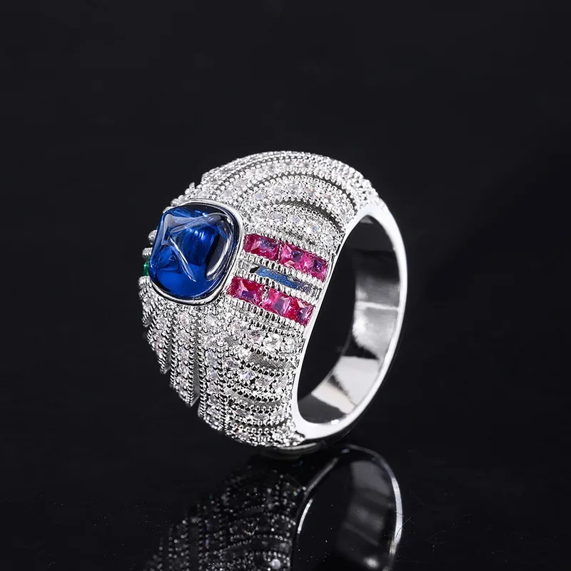 S925 Silver Plated 18K Gold Plated PT950 Platinum Color Pagoda Sapphire Sugar Tower Full Inlaid Ring Main Stone 8*8 Jewelry