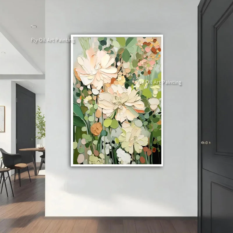 Handmade Spring Flowers Artwork Green Beige Florals Field Canvas Thick Oil Painting Light Green White Flower Wall Art For Decor