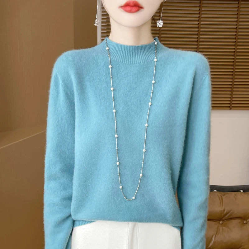 

2025 Winter Women knitting Pure Merino Wool Pullover Seamless Sweater Mock Neck Long sleeved High Quality Warm&Loose Basic Tops