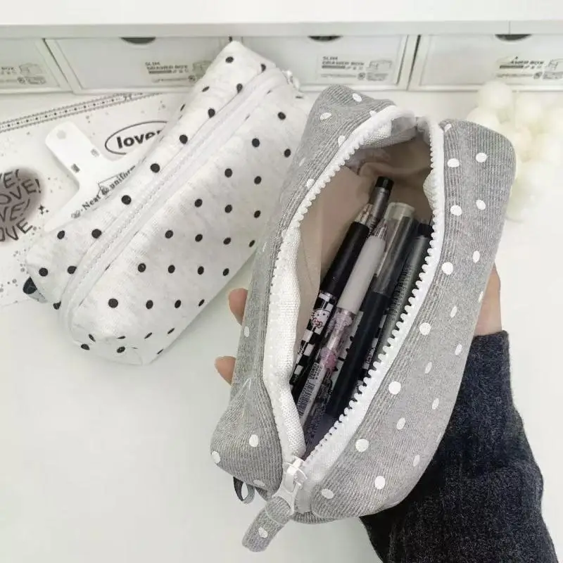 INS Korean Polka Dot Design Pencil Case Large Capacity Soft Touch Multi Functional Pen Bag For School Office
