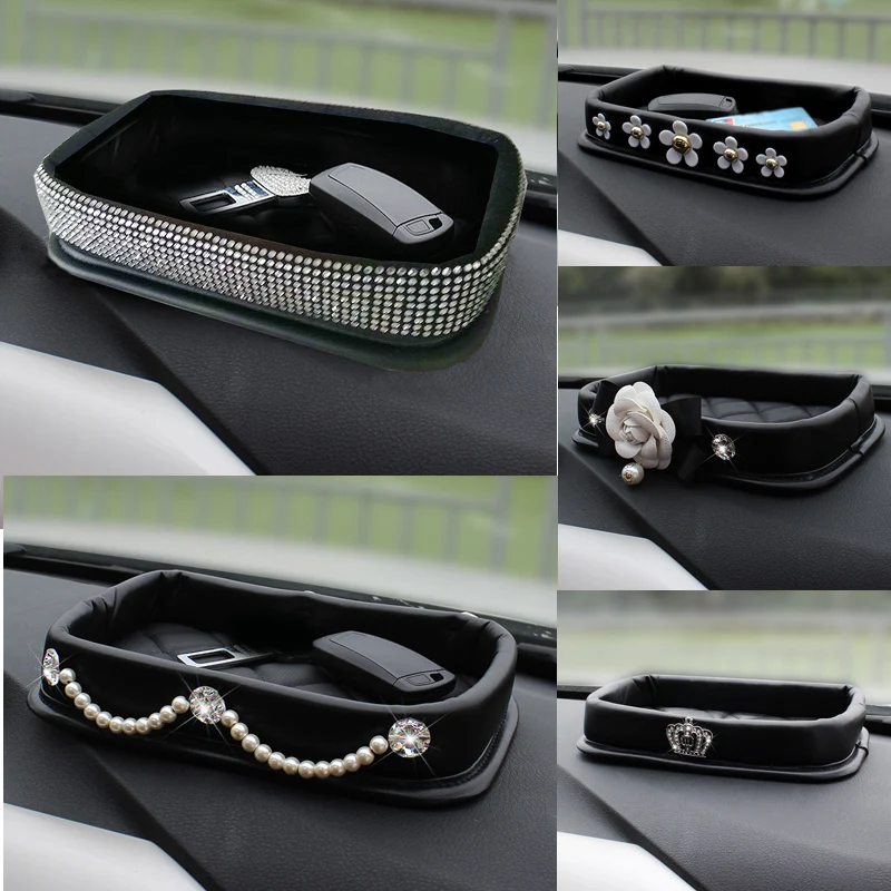 Pearl Flower Rhinestone PU Leather Car Phone Storage Box Instrument Panel Mobile Phone Keys Basin Armrest Crown Storage Box
