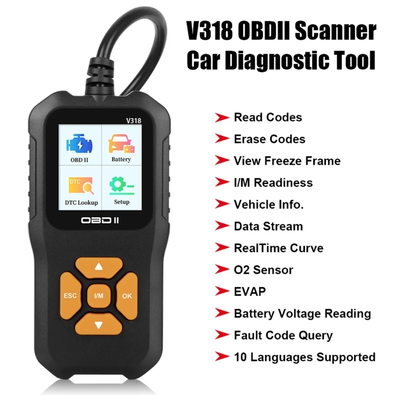 V318 OBD2 Scanner Auto Engine Fault Code Reader Multilanguage Diagnostic Scanner Battery Tester Digital Display for Car AOS