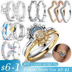 Hot Sale Original 925 Sterling Silver Woman Ring Galaxy Blue Zircon Sun Star Moon Wedding Stacking Ring Jewelry Gift For Women