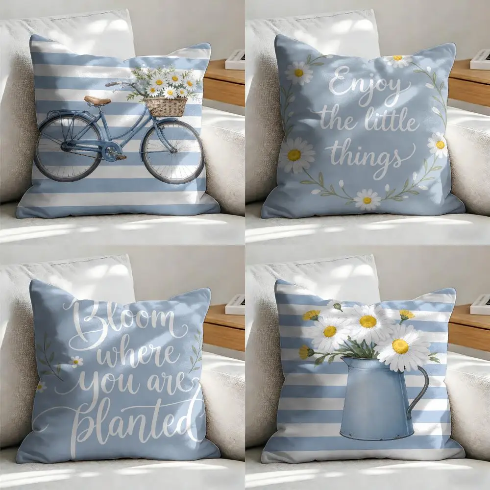 Blue Daisy Bicycle Art Cushion Cover Soft Short Plush Pillow Cover Smooth Cozy Texture Aesthetic Cushion Case Home Decor
