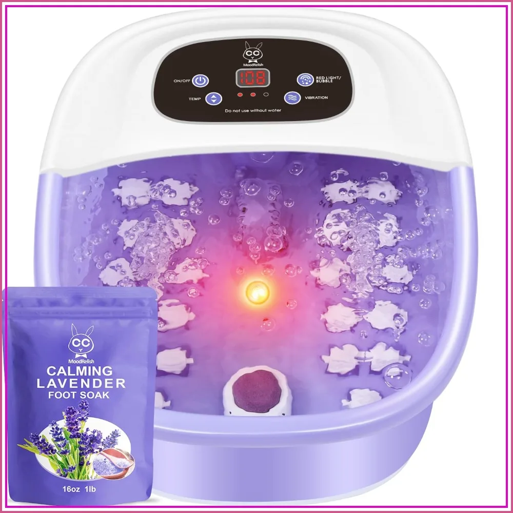 Purple Heated Foot Spa Massager: Bubbles, Vibration, Red Light, 22 Rollers, 95-118F