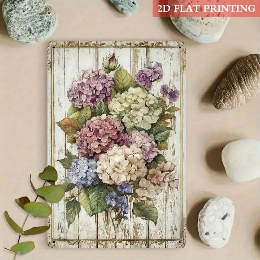 Vintage Hydrangea Metal Wall Art - 8x12 Inch 2D Flat Iron Decor, Romantic Floral Farmhouse Style For Garden Shed, Rustic