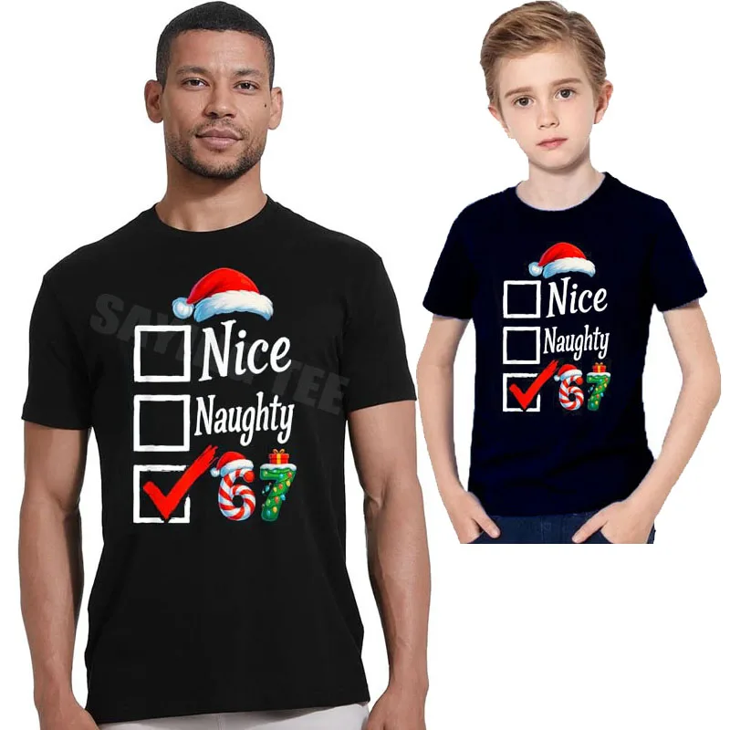6 7 Meme Nice Naughty 67 Christmas Brain Rot Funny Graphic T-Shirt Boys Fashion Xmas Costume Six Seven Novelty Gift Y2k Tee Tops