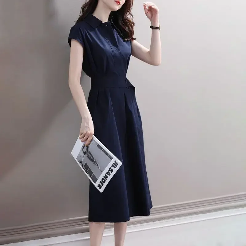 Summer Elegant Fashion Polo-neck Shirring Waist A-line Dresses Ladies Short Sleeve Temperament Simple Dress Robe Vestidos A271