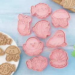 8 Pcs/set Marine Animal Cookie Cutters Plastic 3D Cartoon Pressable Biscuit Mold Cookie Stamp Kitchen Baking Pastry Bakeware
