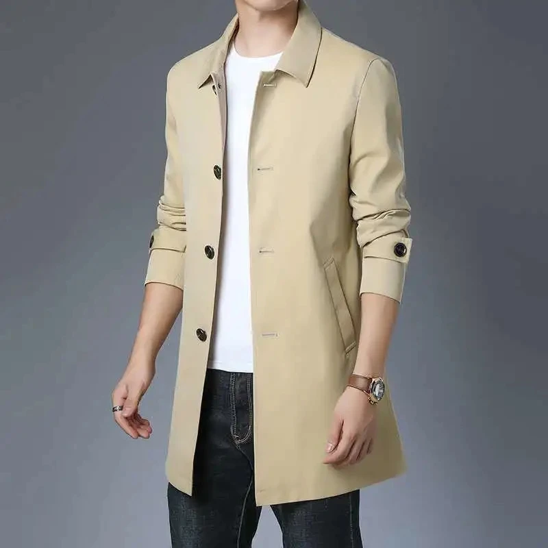 

Mens Spring Trench Coat New Men's Business Casual Black Khaki Long Jacket Tops Fashion Single Breasted Solid Windbreaker