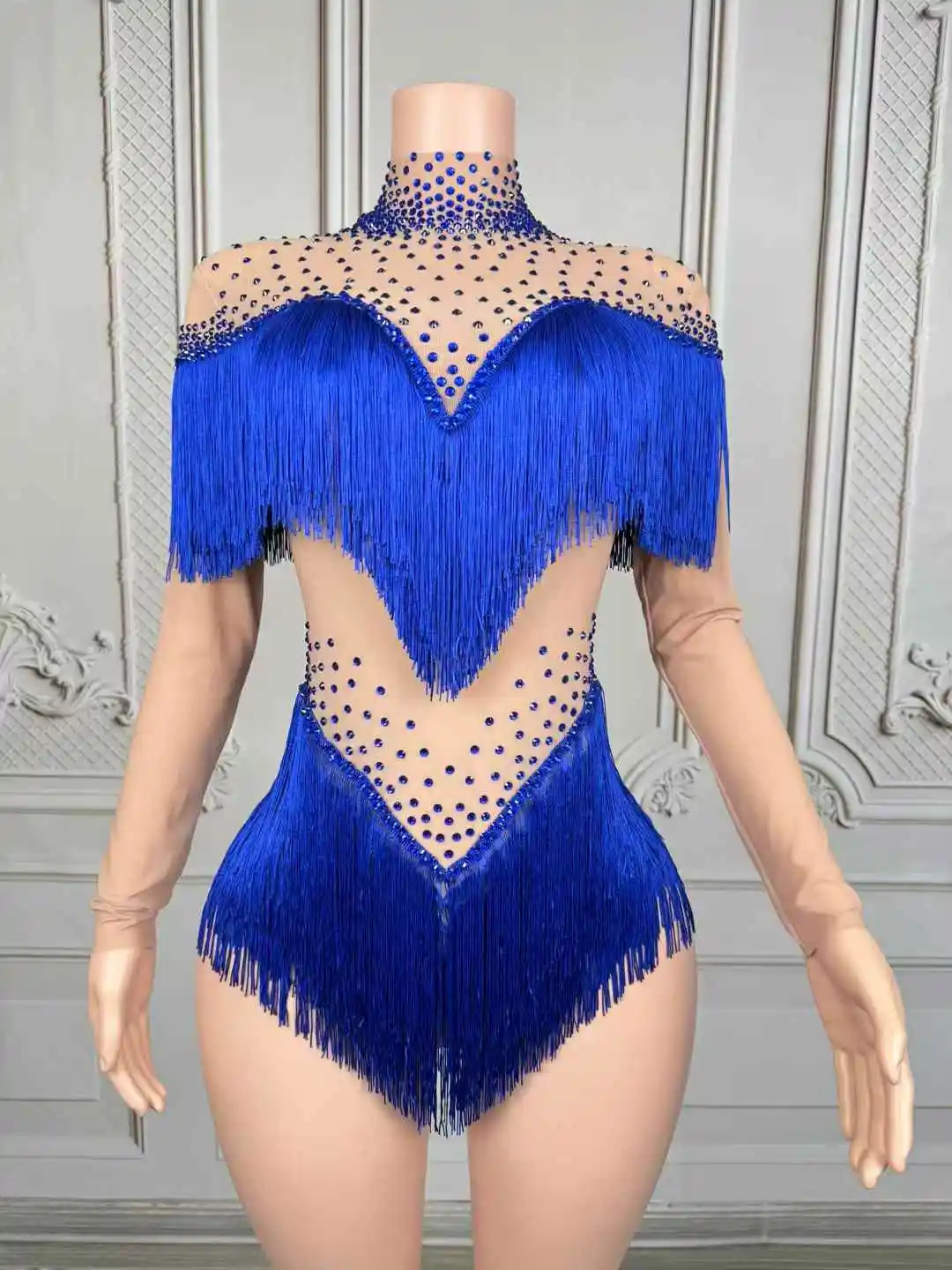 Błyszczący Kombinezon z Dżetami i Frędzlami Damski Seksowny Siateczkowy Kostium na Występy Taneczne Urodziny Imprezę Dancer Klub Nocny Scena